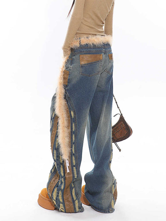 Jeans Deconstructidos Patchwork en Cuero Vintage Lavado Pesado - Image 5