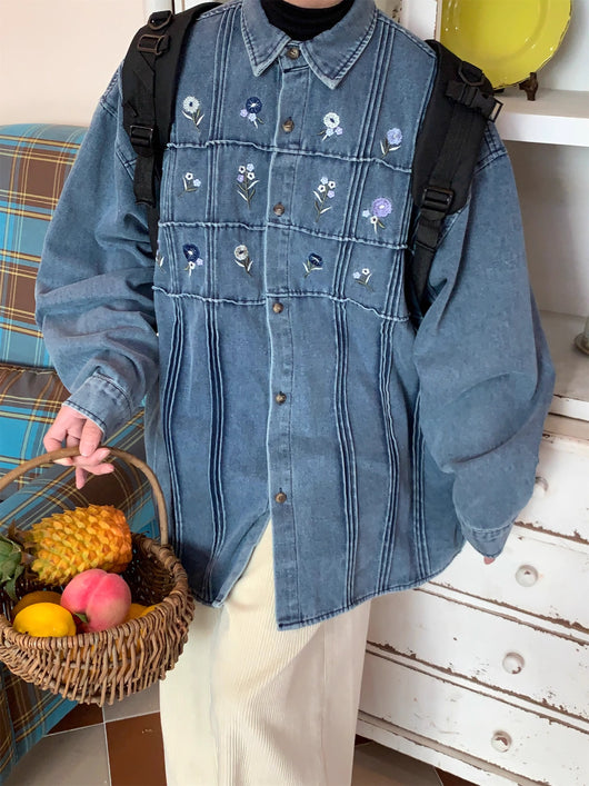 Camisa Denim Vintage Plisada Floral Lavado Clásico Manga Larga - Image 11
