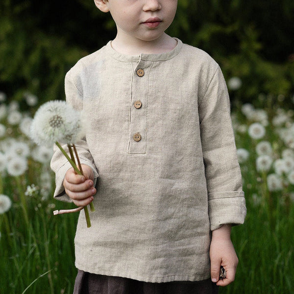Camisa Infantil Cuello Abierto Manga Larga en Algodón y Lino