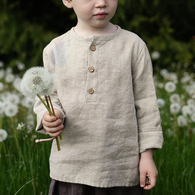 Camisa Infantil Cuello Abierto Manga Larga en Algodón y Lino
