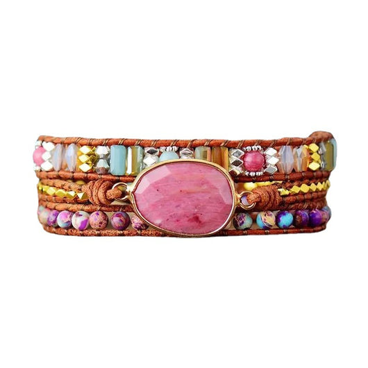 Pulsera Étnica de Cuero con Grano de Madera y Cristal
