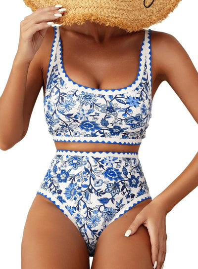 Green and white floral paisley high-waisted bikini swimsuit with scalloped edges on a model. - Image 15