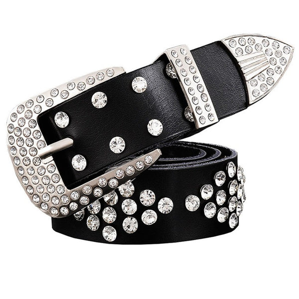 Cinturón de Cuero para Dama con Hebilla de Diamantes y Incrustaciones de Strass