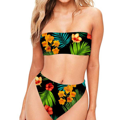 Dark blue two-piece bikini with strapless bandeau top and high-waisted bottom, featuring a tropical leaf and floral print. - Image 3