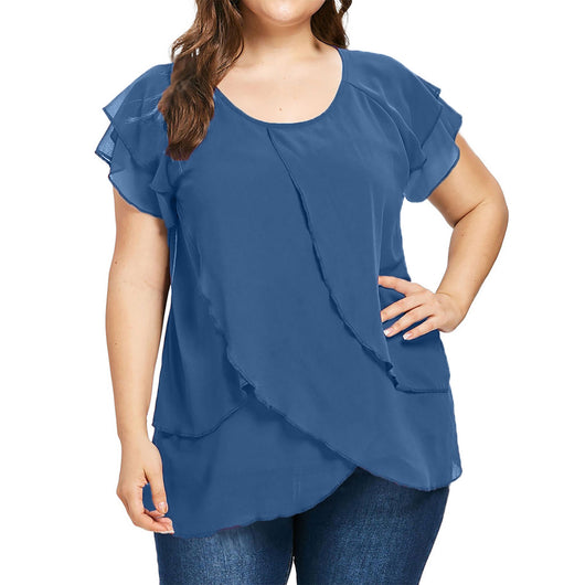Blusa Chifón Mujer Cuello Redondo Capas Superpuestas Manga Corta - Image 9