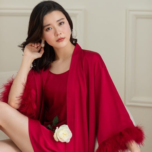 Pijama de Dos Piezas en Seda de Hielo con Plumas para Mujer
