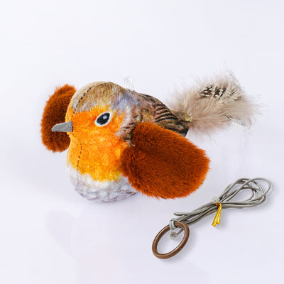 Colorful bird cat toy with green fluffy wings, black head, yellow face, orange beak, and spotted tail feathers. - Image 15
