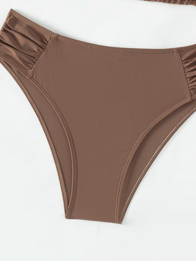 Solid olive green triangle halter bikini swimsuit for women, featuring a high-waisted bottom with ruched sides. - Image 19
