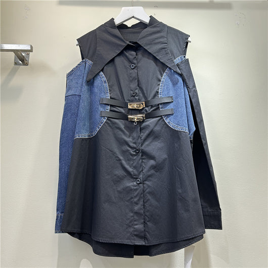 Blusa Elegante Bicolor con Hombros Descubiertos para Mujer - Image 3