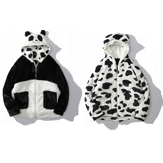 Abrigo Reversible de Peluche Vaca y Panda - Doble Cara para Invierno