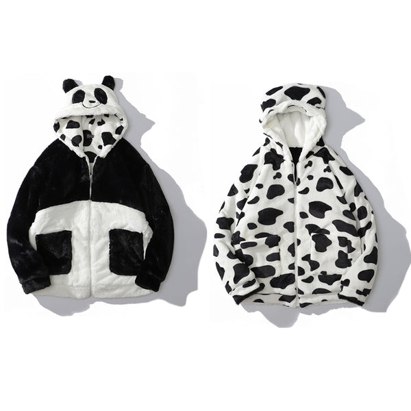 Abrigo Reversible de Peluche Vaca y Panda - Doble Cara para Invierno