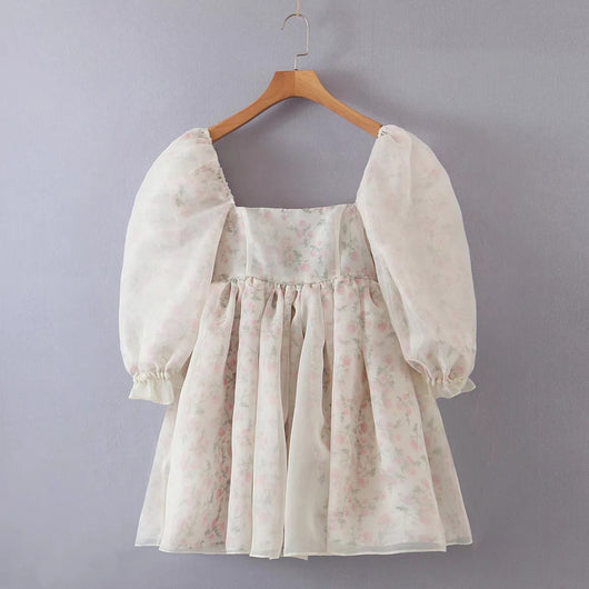 Vestido Estampado con Cuello Cuadrado y Mangas Abullonadas - Image 7