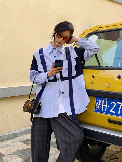 Camisa de Moda con Ribetes en Contraste Azul