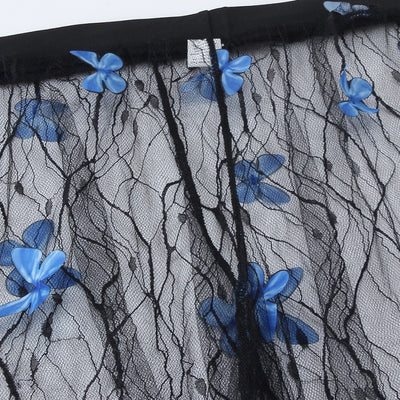 Women's black bikini three-piece set with a spaghetti strap top, matching bottoms, and sheer voile pants with blue butterfly appliques. - Image 5