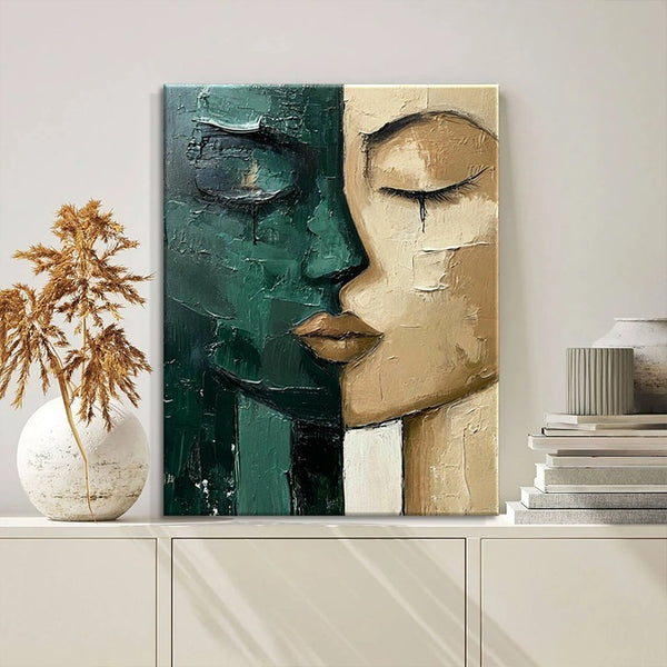 Cuadro Moderno Óleo Rostro Verde y Beige - Arte Contemporáneo para Sala y Dormitorio