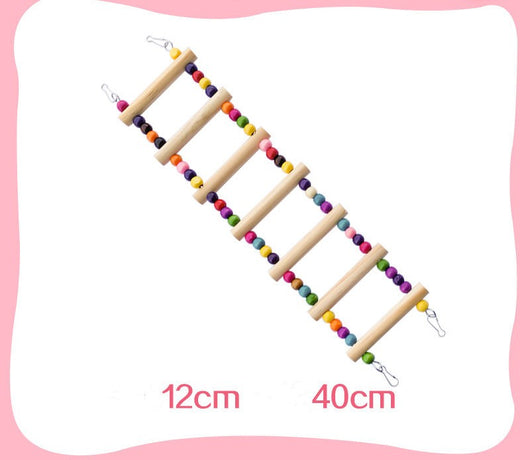 Colorful wooden aerial ladder with five rungs and vibrant beads, featuring metal hooks for birds or hamsters. - Image 24