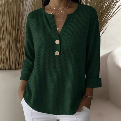 Blusa Suelta de Punto Waffle con Cuello V y Manga Larga