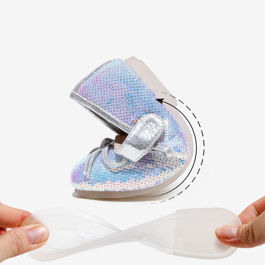 Silver sequined princess shoes for big kids with a soft sole, featuring a decorative bow and a Mary Jane strap. - Image 8