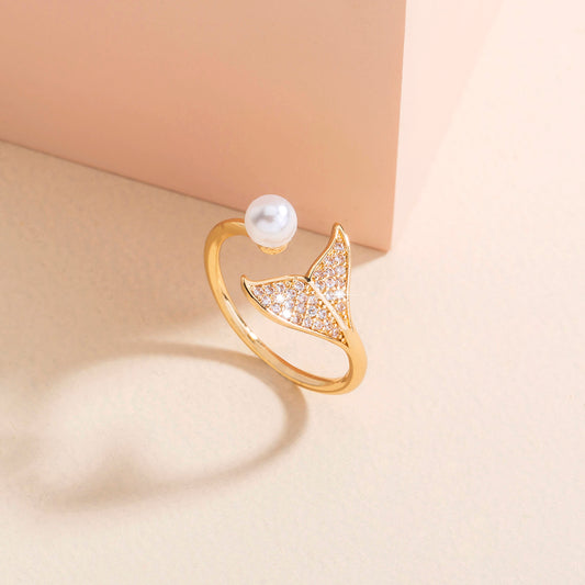 Anillo de Cola de Sirena con Perla y Circonita - Diseño Abierto Ajustable - Image 2