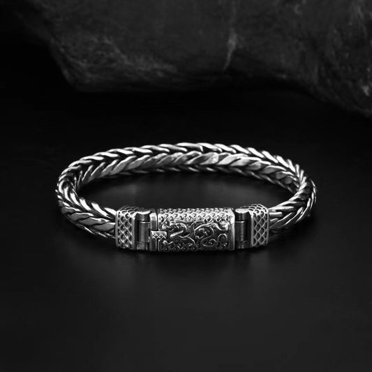 Pulsera Dragón Estilo Oriental Plata 925 Tejida a Mano Signo Zodiacal
