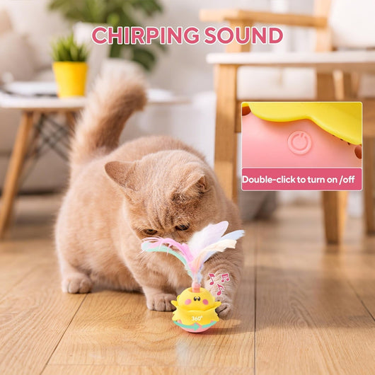 Interactive automatic cat feather toy with a yellow and pink base, featuring white, pink, and blue feathers. - Image 4