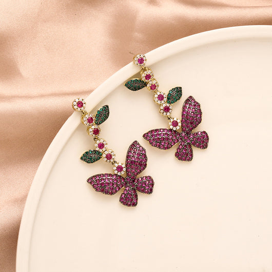 Aretes Largos de Hoja y Flor con Circonitas Incrustadas y Borla - Image 8