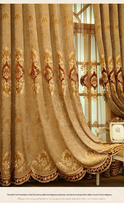 Purple chenille velvet curtains with gold embroidery, tied back to reveal a sheer embroidered curtain behind. - Image 17