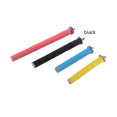 Four colorful frosted bird perches in red, black, blue, and yellow, with metal attachments for bird cages. - Image 3