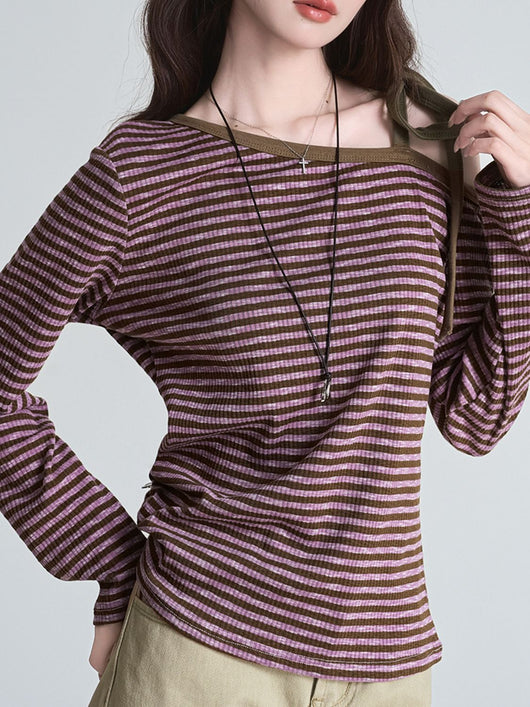 Blusa Slim Rayas Moradas con Hombros Descubiertos Manga Larga - Image 8