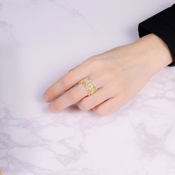Anillo de Plata 925 Hueco con Doble Encaje Grabado para Mujer