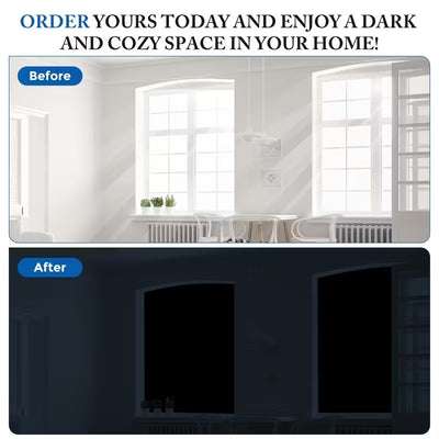 Black portable sunshade curtain partially installed on a window, showing a city view, with adhesive strips and a storage bag. - Image 2