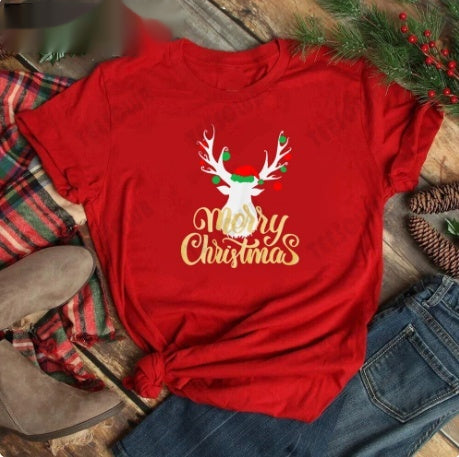 Red women's t-shirt with "Merry Christmas" text and three Christmas trees, featuring buffalo plaid and leopard print. - Image 3