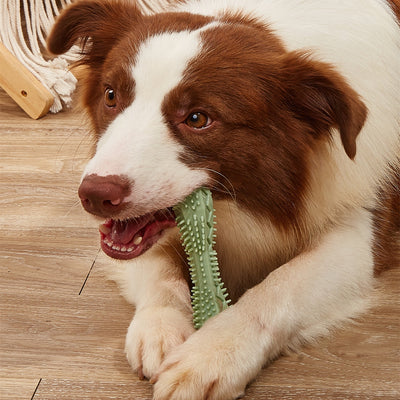 Pink textured dog chew toy with nubs and ridges for teeth cleaning, designed like a stick with a hollow center.