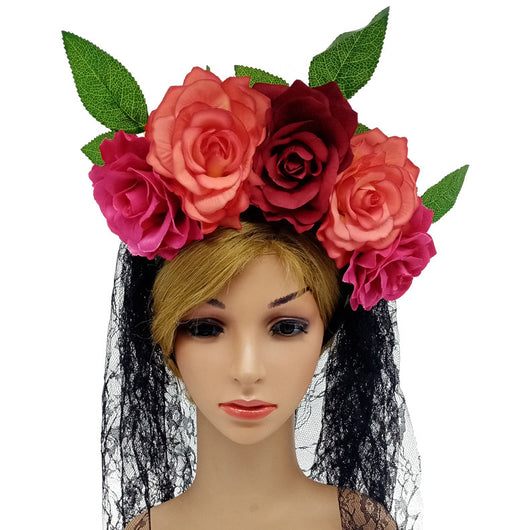 Diadema de Rosas Artificiales con Velo de Encaje - Image 2