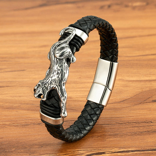 Pulsera Magnética para Hombre con Dragón Pi Xiu - Acero Inoxidable y Cuero con Patrón Leopardo