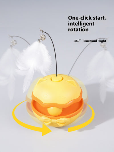 Lemon yellow electric cat toy tumbler with a white feather teaser and two teal worm-like replacement heads. - Image 8