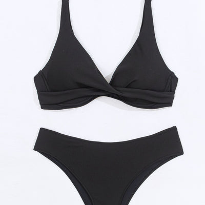 Women's neon green ribbed two-piece swimsuit with a twisted front bikini top and high-waisted bottoms. - Image 5