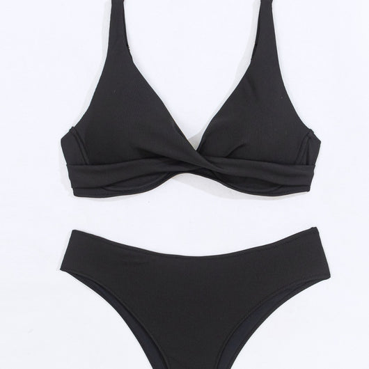 Women's neon green ribbed two-piece swimsuit with a twisted front bikini top and high-waisted bottoms. - Image 5
