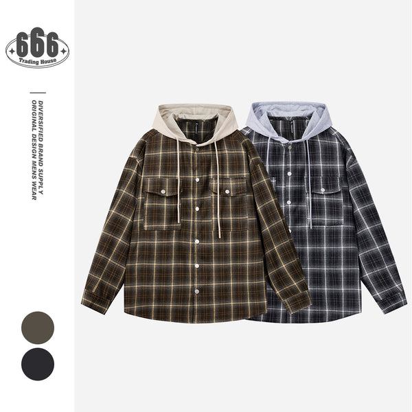 Camisa de Trabajo Cuadros Retro Americana con Capucha para Hombre