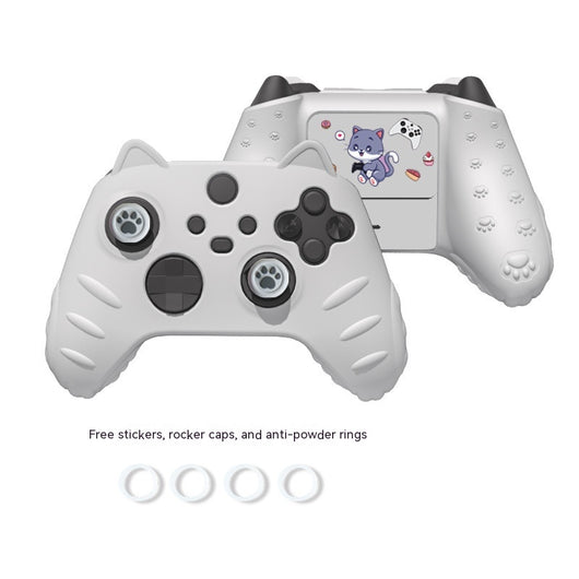 Light yellow silicone Xbox Series controller cover with cat ears, paw print joystick caps, and a cartoon cat sticker. - Image 10