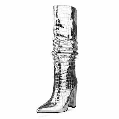 Botas Tacón Alto Grueso Caña Ancha Talla Grande con Patrón Piedra Metálica - Image 9