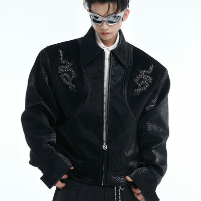 Chaqueta de Cuero PU con Patrón Serpiente, Costuras Remachadas y Bordado - Image 17