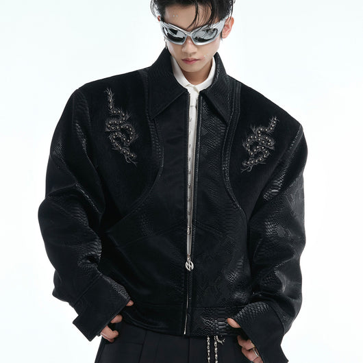 Chaqueta de Cuero PU con Patrón Serpiente, Costuras Remachadas y Bordado - Image 17