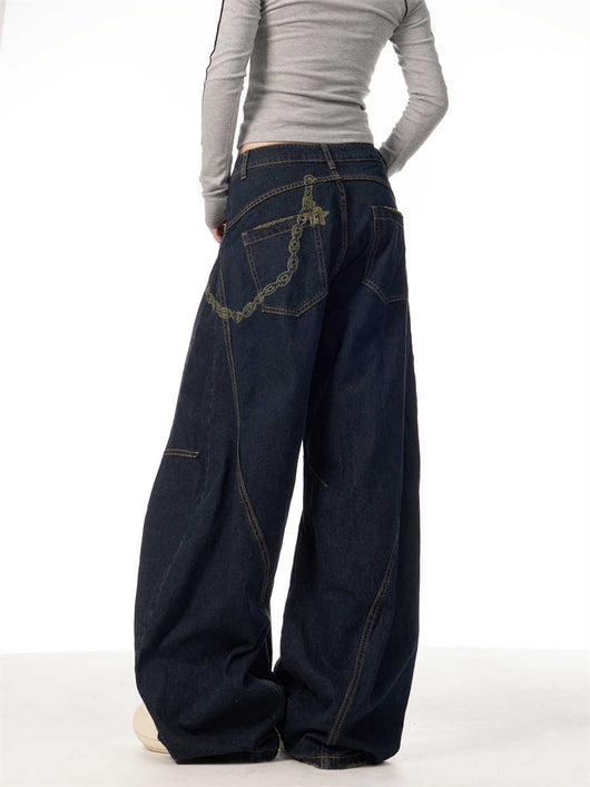 Overol Denim Retro Patchwork de Pierna Ancha para Mujer - Image 6
