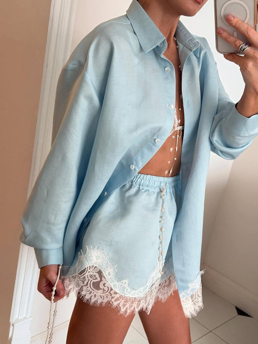 Conjunto de Camisa Manga Larga Lisa y Shorts con Paneles de Encaje - Image 10