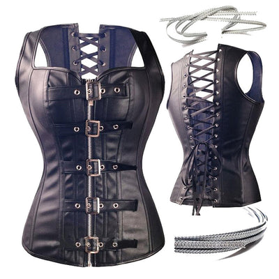 Corsé Steampunk Negro de Cuero Sintético Overbust - Image 6