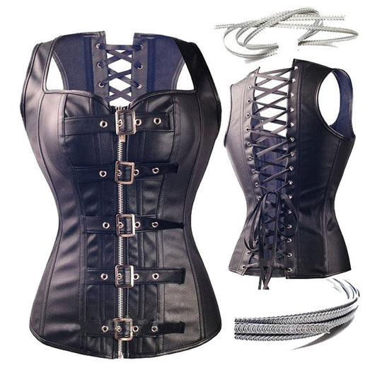 Corsé Steampunk Negro de Cuero Sintético Overbust - Image 6