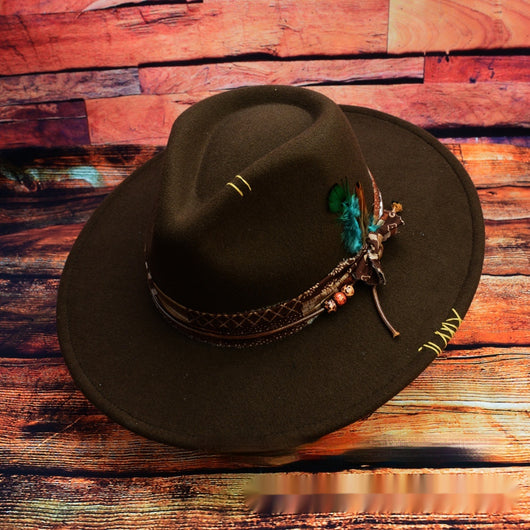 Sombrero Fedora de Fieltro de Lana con Diseño Occidental Artesanal y Pluma Decorativa - Image 9