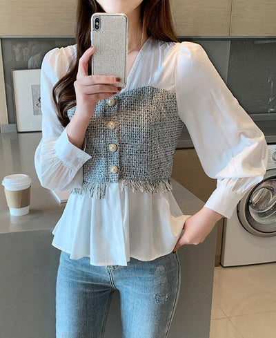 Blusa Elegante Hada de Temperamento - Cuello en V, Manga Larga y Cintura Ajustada - Image 10