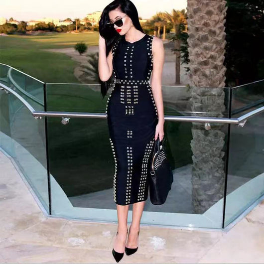 Vestido Midi Elegante con Detalles de Remaches y Brillos - Image 12